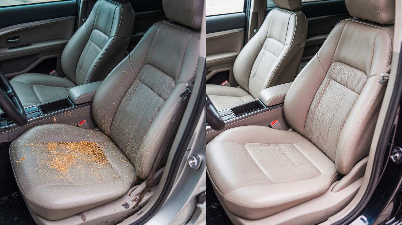 Before and after interior detailing showing seat transformation
