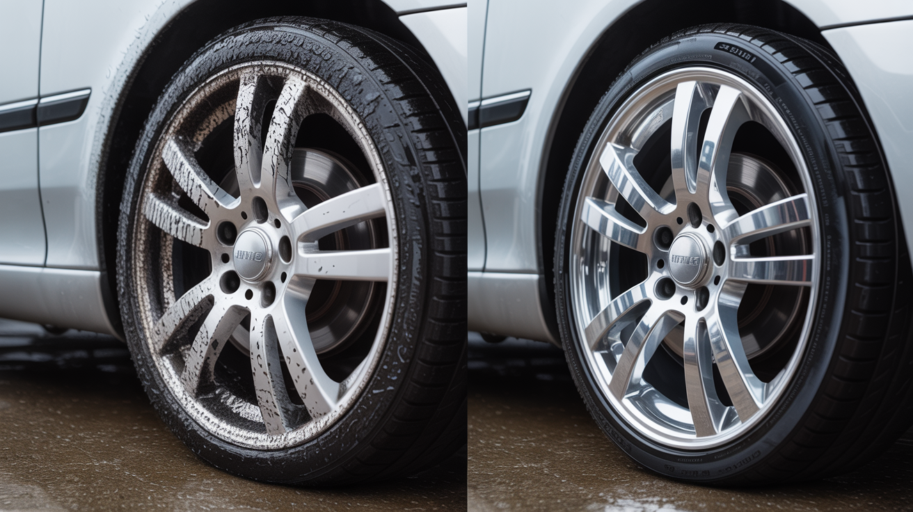 Before and after wheel detailing showing brake dust removal